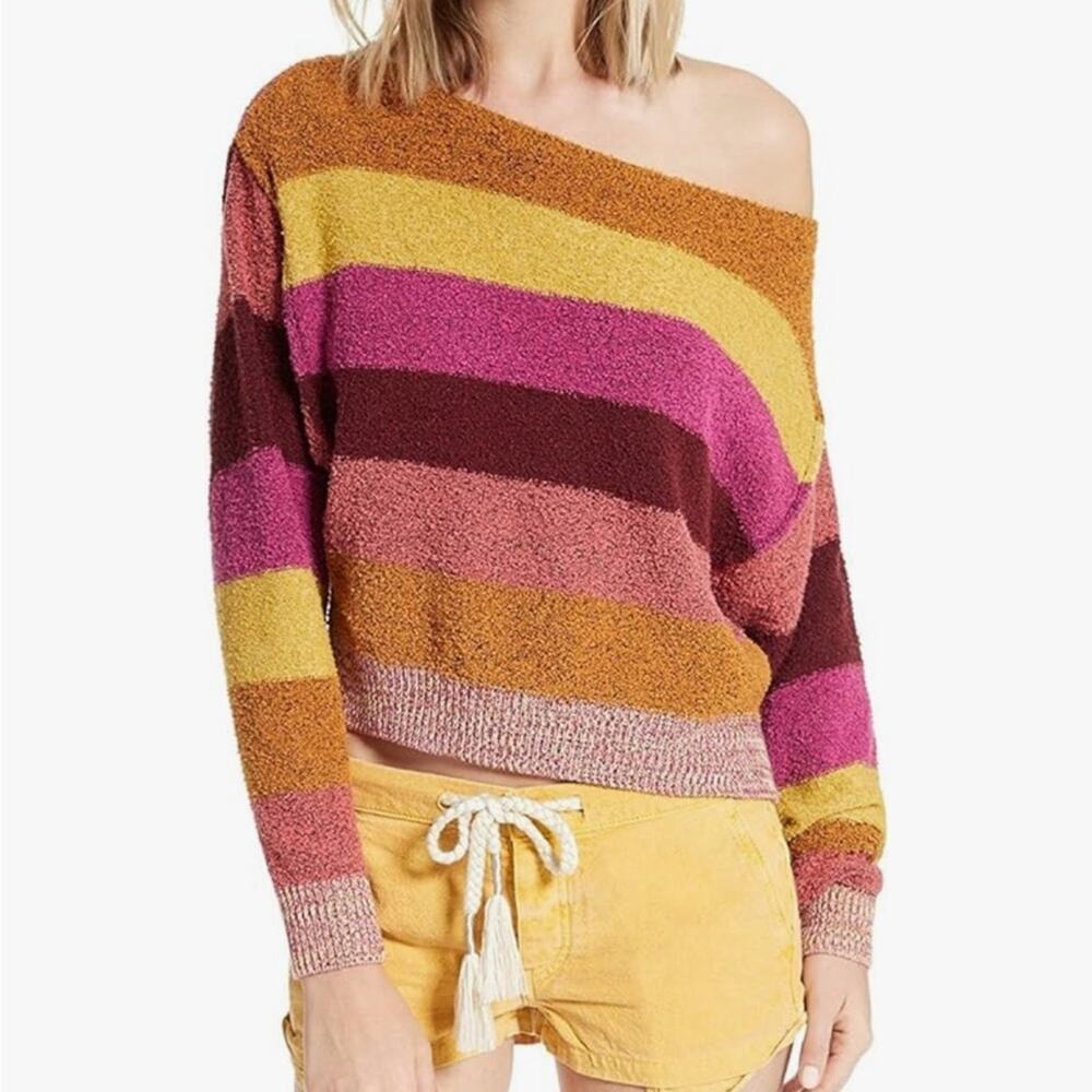 Free People Striped Off-Shoulder Sweater in Mustard, Pink & Burgundy